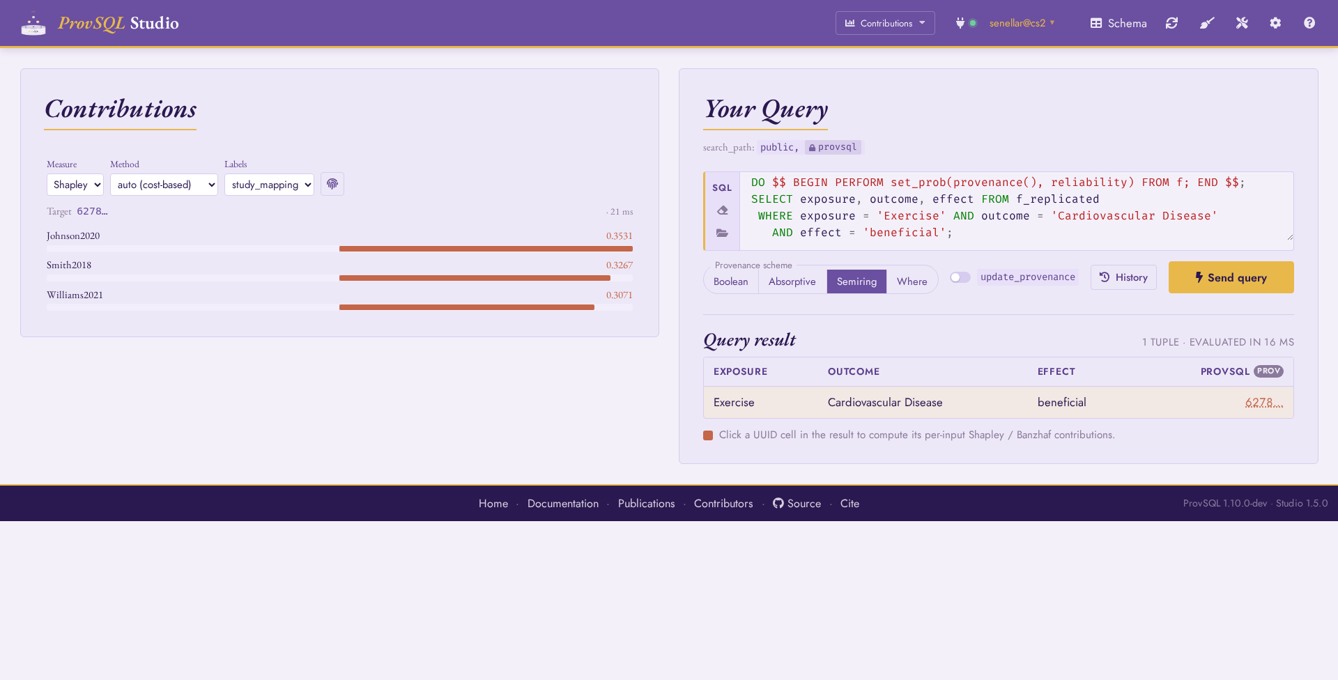 Studio Contributions mode showing per-study Shapley bars for a pinned result tuple.