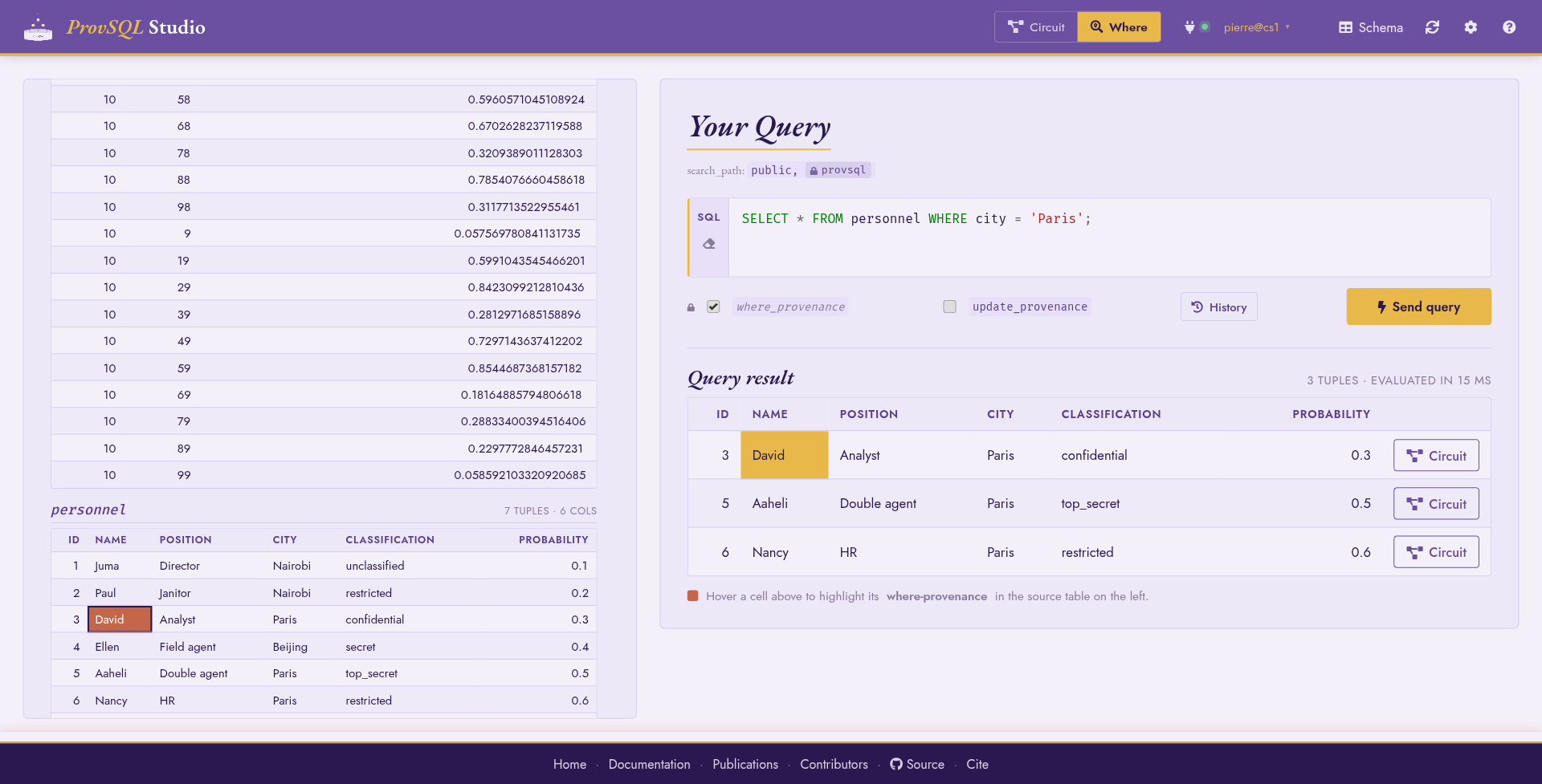 Studio Where mode with a result row hovered, highlighting the contributing rows in the personnel sidebar.